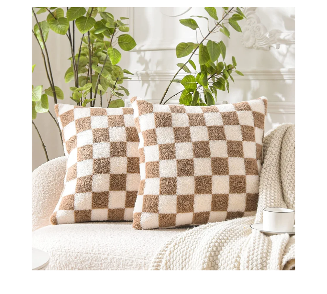 WACOMECO Decorative Throw Pillow Covers - Soft Sherpa Checkerboard Cushion Covers Faux Fur Pillow Cases for Sofa Bedroom Livingroom Car, 20 x 20 in, Khaki and Off White