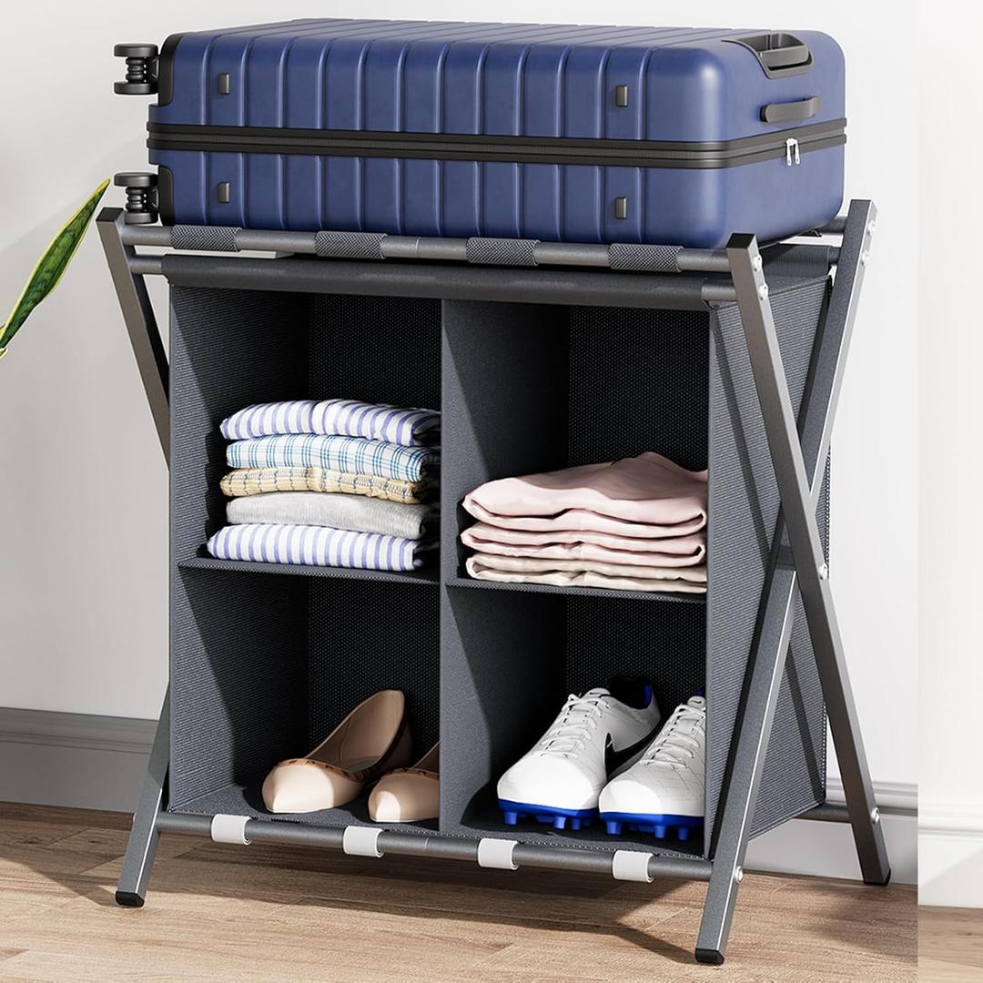 aboxoo Luggage Rack with storage, Guest Room Folding Suitcase Stands, Holds up to 120 lb, Space Saving Suitcase Holders for guest room, Bedroom Hotel, Grey