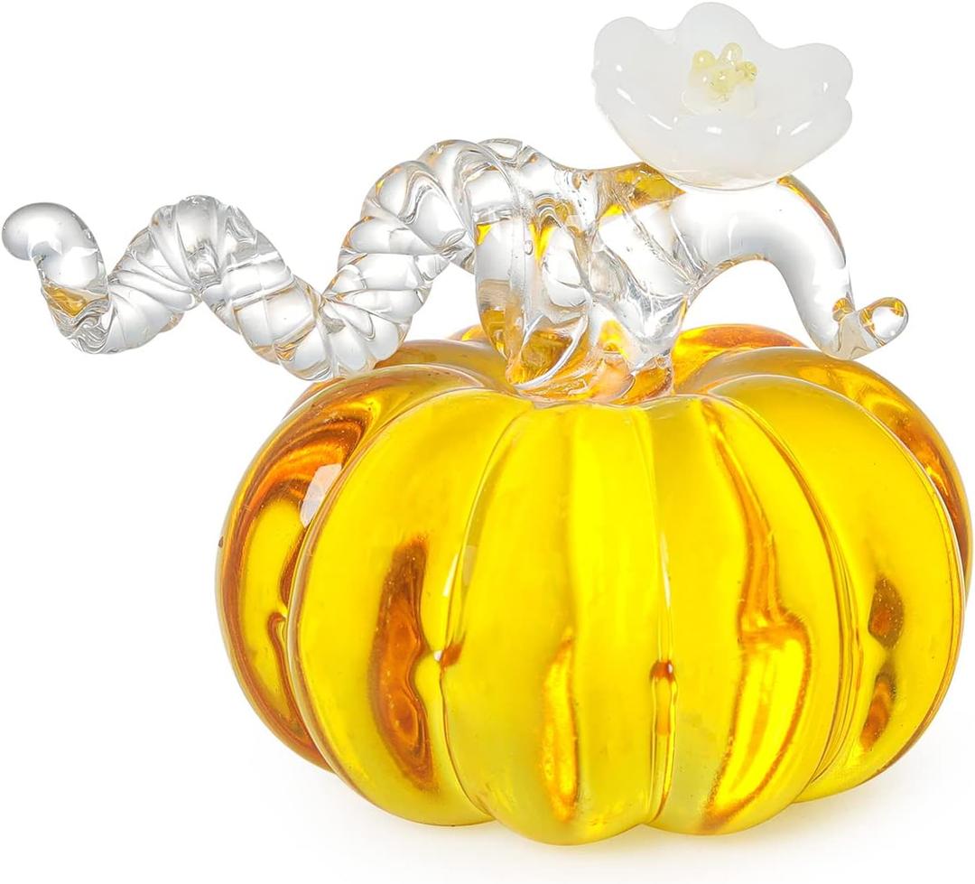 LONGWIN Hand Blown Glass Pumpkin Figurines Paperweight - 2.9 Inch Crystal Small Fake Halloween Pumpkin Decor Fall Harvest Decorations for Home/Thanksgiving (Gold)