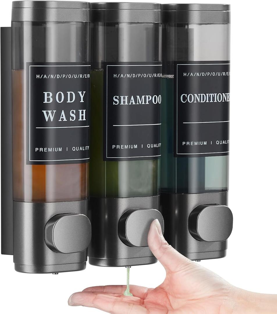 Shampoo and Conditioner Dispenser,Shower Soap Dispenser 3 Chamber No Drill Wall-Mounted Shampoo Dispenser for Shower Wall Mounted Shower Dispenser for Bathroom Hotel Large Capacity,Dark Gray1