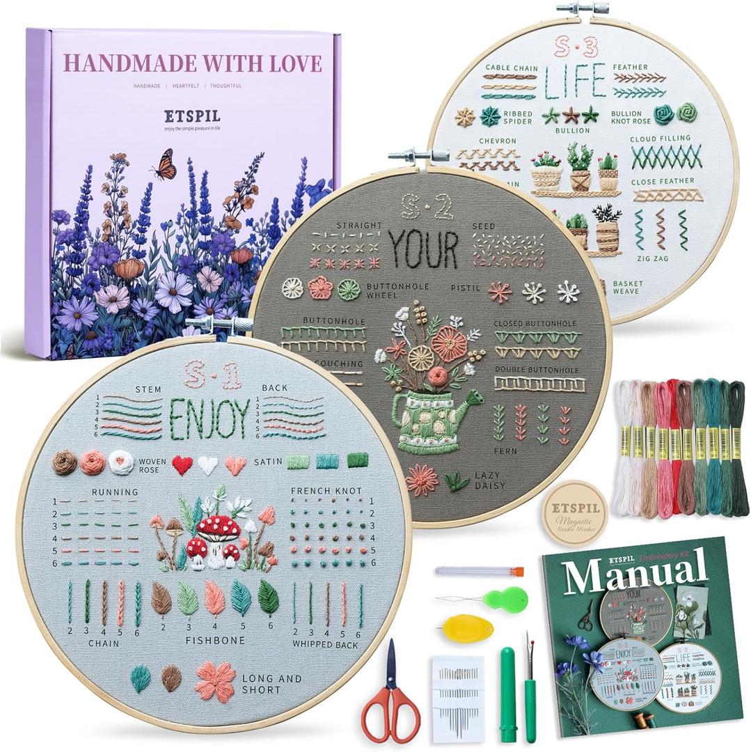 ETSPIL Embroidery Kit for Beginners & Adults, 3-Pack 33-Stitch Practice Samplers, Pre-Stamped Patterns, 7.8 inch Hoop, Floss & Needles, Step-by-Step Guide and Video Tutorials, DIY Needlework Gift