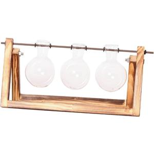 Hydroponic Glass Vase Set Retro Shape Wooden Stand Planter Metal Swivel Holder Ideal for Home Office Wedding