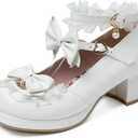 Women Kawaii Mid Block Heel Shoes, Mary Jane Pumps with Bow and Pearl Platform Chunky Heel Cute Sweet Shoes (White, 38)