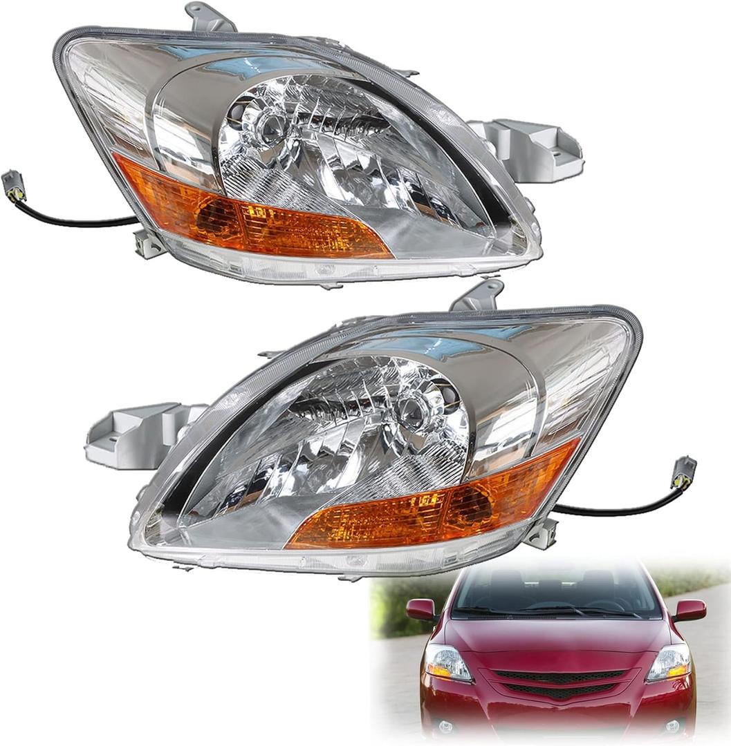 2-Pack Headlight Assembly Headlamp Headlight with Amber Corner Clear Lens Replacement for 2007 2008 2009 2010 2011 Yaris
