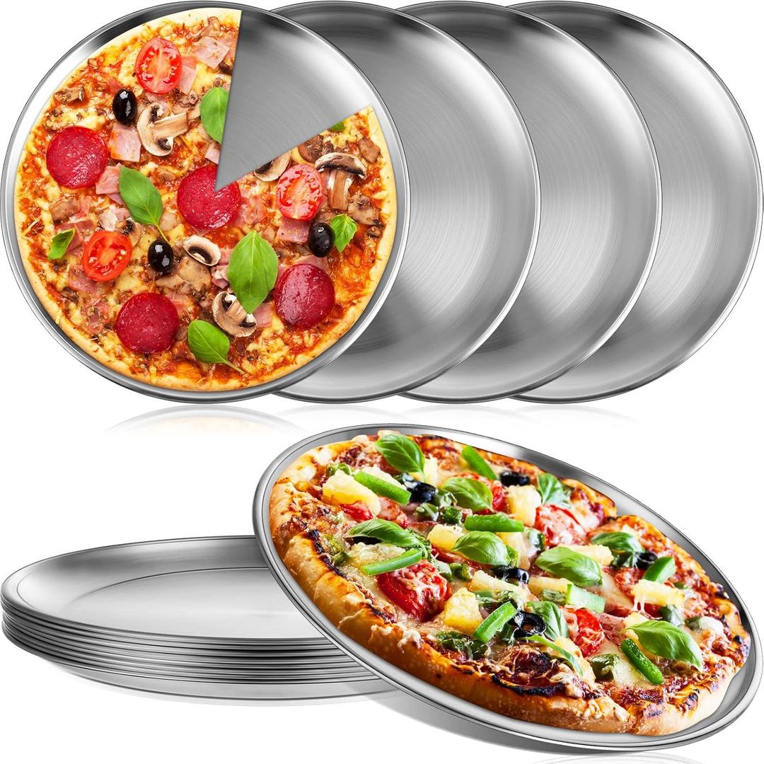 Thenshop 8 Pieces 10 Inch Pizza Pans Bulk Stainless Steel Sets Round Bakeware Pizza Trays for Oven Kitchen Baking Home Restaurant Safe Sturdy Reusable Easy Clean(Silver)