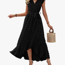 BTFBM Women V Neck Summer Dress 2025 Cap Sleeve Swiss Dot Boho Flowy Ruffle Slit Beach Party Long Maxi Cocktail Dresses L