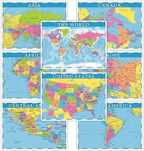 Educational Placemats for Kids Set of 8 World Map Placemat Non Slip Washable Eat Table Mat USA, Europe, Asia, Africa, South America, Central America, Canada Maps for Primary School Dining Table