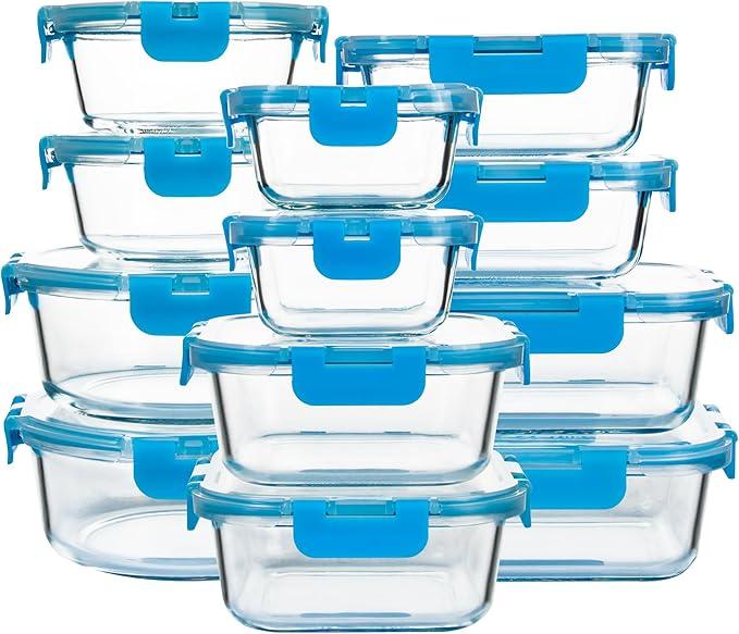 FAWLES 12 Pack Glass Meal Prep Containers with Airtight Lids, LeakProof Food Storage Containers, Dishwasher/Microwave/Oven/Freezer Safe Glass Containers for Lunch, Leftovers, to Go (Blue)