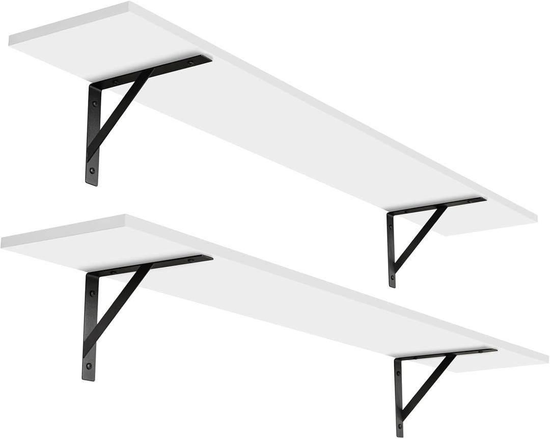 DINZI LVJ Long Wall Shelves, 47.3Inch Wall Mounted Shelves Set of 2, Extra Large Floating Storage Ledges with Sturdy Metal Brackets for Living Room, Bathroom, Bedroom, Kitchen, White