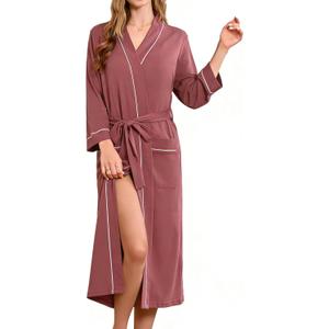 HEARTNICE Womens 100% Cotton Robe, Soft Kimono Spa Long Bathrobe Lightweight Loungewear (Pink, L)