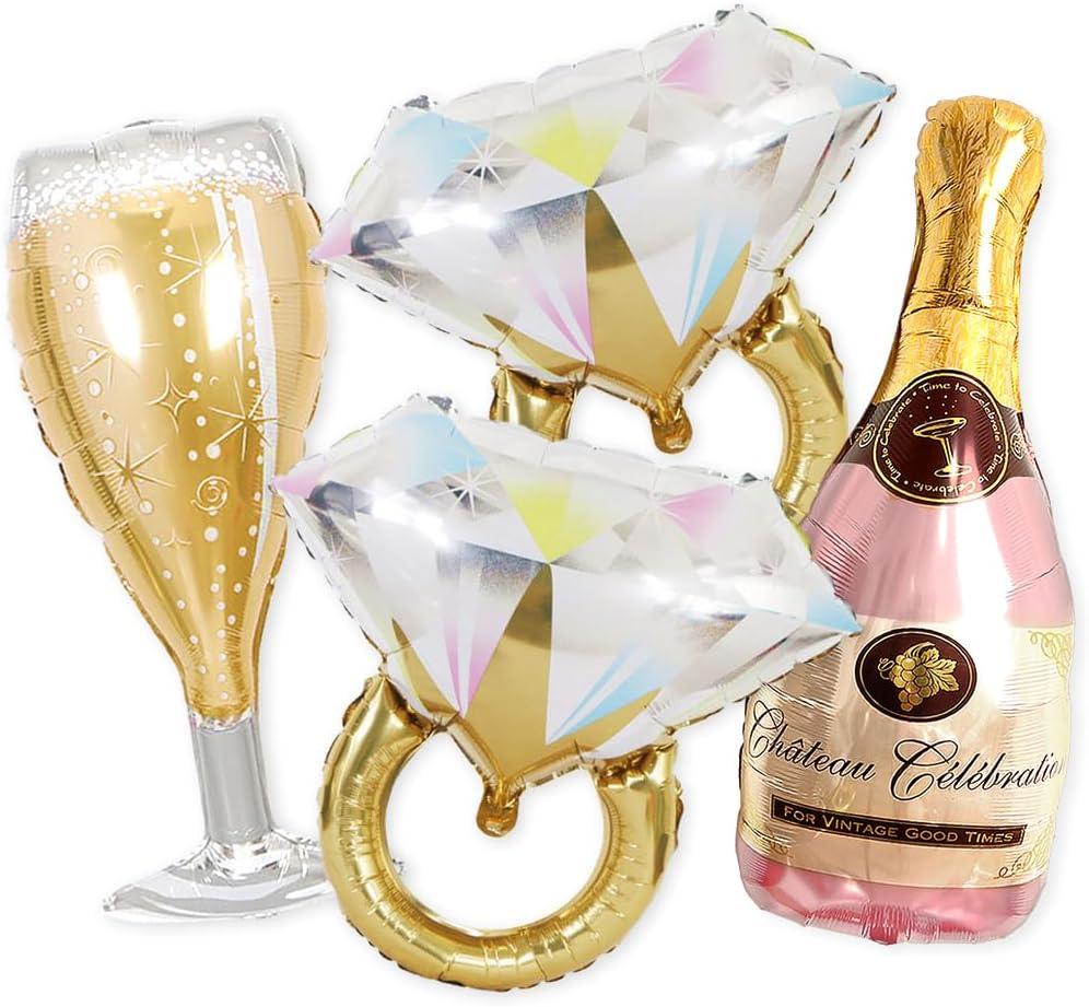 PartyForever 2 Gold Glitter Ring Bachelorette Party Balloons with 40inch Bottle Balloon and Glass Balloon Hen Party Decorations Balloons for Bridal Shower