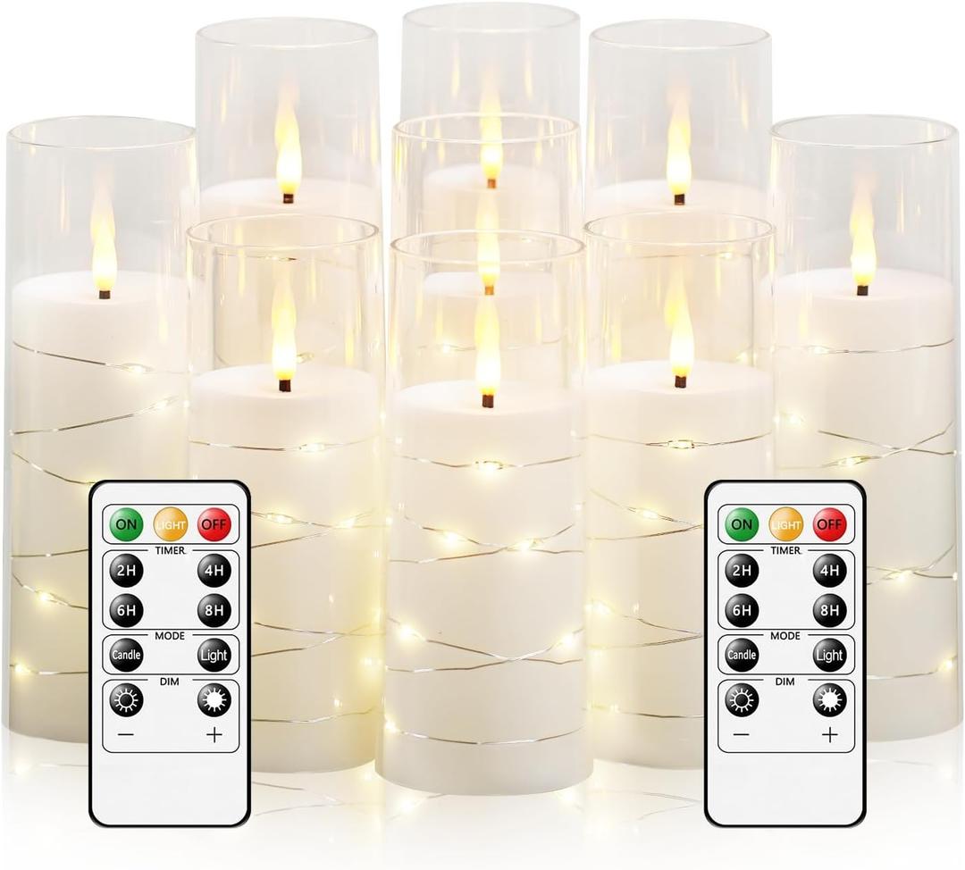 kakoya Flameless LED Candles with Timer 9 Pc Flickering Flameless Candles for Romantic Ambiance and Home Decoration Stable Acrylic Shell,with Embedded Star StringBattery Operated CandlesWhite