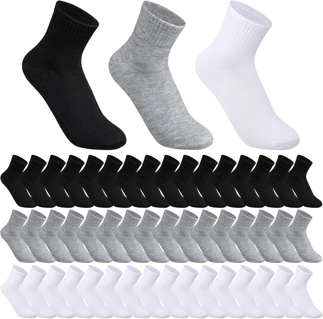 Tarpop 48 Pairs Men Quarter Ankle Socks Moisture Wicking Athletic Crew Casual Sports Socks Bulk for Homeless (5, Assorted Color/ Black, White, Grey)