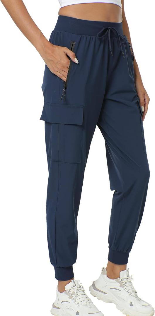 Women's Joggers with Pockets Lightweight - Water Resistant Cargo Athletic Pants for Hiking Running Camping Travel (Navy Blue), S