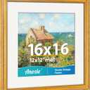 Anozie Vintage 16x16 Frame, Antique Gold Photo Frames with Plexiglass Front,Ornate Square 16x16 Picture Frame Display 12x12 with Mat or 16 x 16 Frame Without, Wall Dcor,1 Pack,Gold