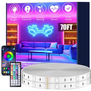 Roperry 70FT Outdoor LED Strip Lights, IP68 RGB LED Lights with Remote and APP Control, Outdoor Strip Lights for Pool, Balcony, Roof, Garden, Stairs (1 Roll)