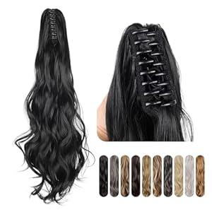 Black Ponytail Extension for Women, Claw Clip in Fake Hair Ponytail, Wavy, 24 inch