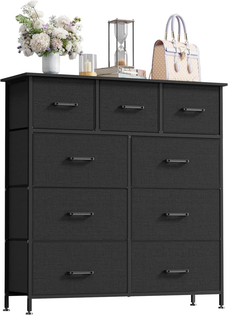 PayLessHere Fabric Dresser,Wide Chest of Drawers Storage Unit with Metal Frame and Wood Top,Organizer for Bedroom,Living Room,Entryway (9-Drawer, Black)