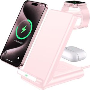 Wireless Charging Station,3 in 1 Charging Stand Made for Apple Watch Ultra 10 9 8 7 6 SE 5 4 3,Fast Wireless Charger Made for iPhone 16/15/14/13/12/11/X,for AirPods Pro(with Adapter) (Pink)