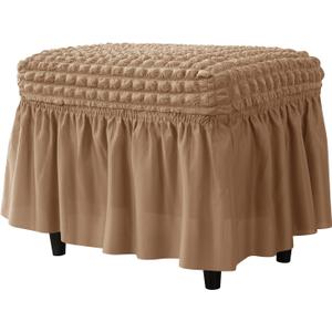 Bubble Ottoman Cover with Skirt, Stretch Ottoman Slipcover, Textured Footstool Cover, Decorative Ottoman Protector with Elastic Fit for Living Room(Light Brown)