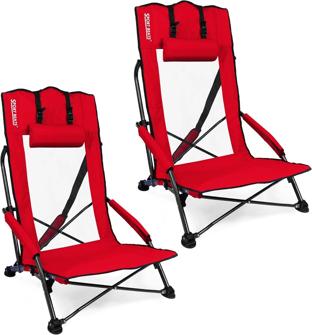 SPORT BEATS Low Beach Chairs Set of 2 Folding Beach Chairs High Back Support with Head Pillows Shoulder Straps (Red)