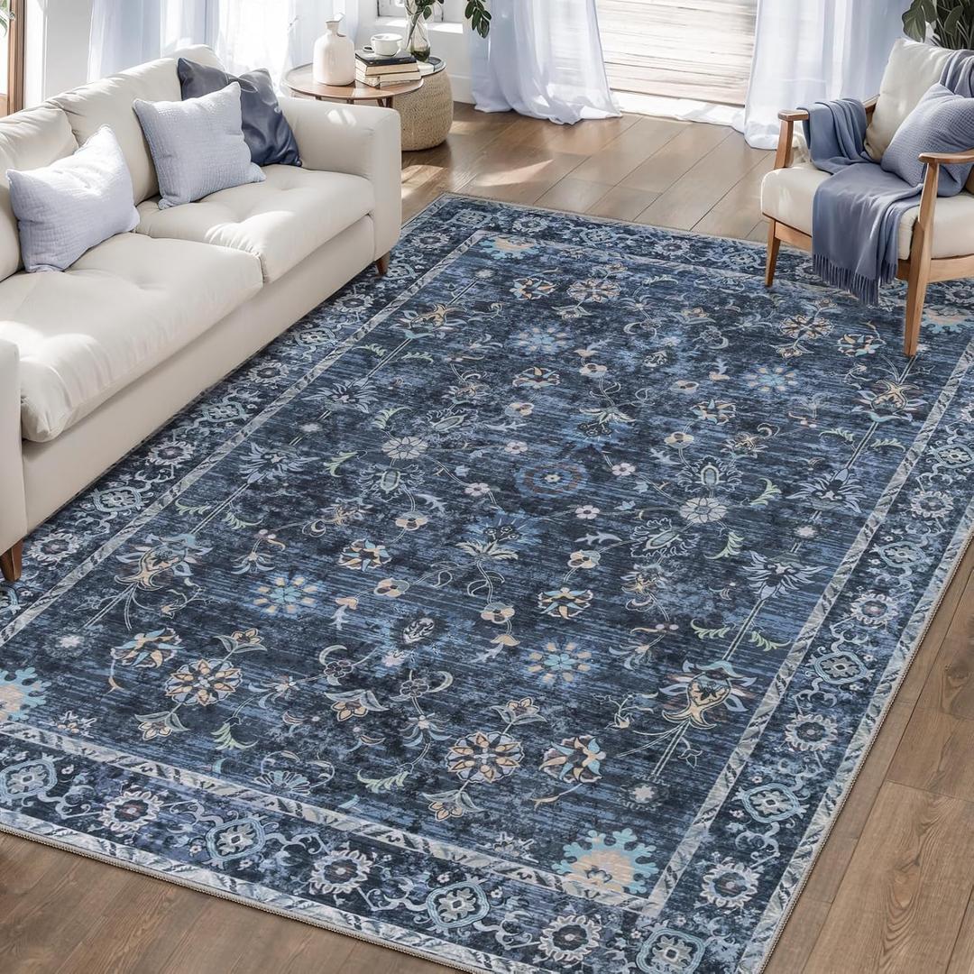 Tangsoo 5x7 Blue Area Rug for Bedroom Living Room, Washable Vintage Floral Rug Non Slip, Low Pile Stain Resistance Distressed Retro Indoor Boho Carpet for Laundry Farmhouse Dinning Room Mat Home Decor
