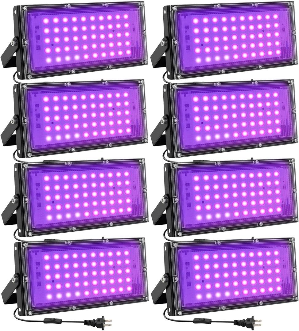 50W LED Black Lights for Glow Party - Waygor IP65 Waterproof UV Blacklight Floodlight 395nm Blacklight Spotlight Purple Black Light Flood Light Fluorescent UV Lights Lamp for Halloween Decor (8 Pack)