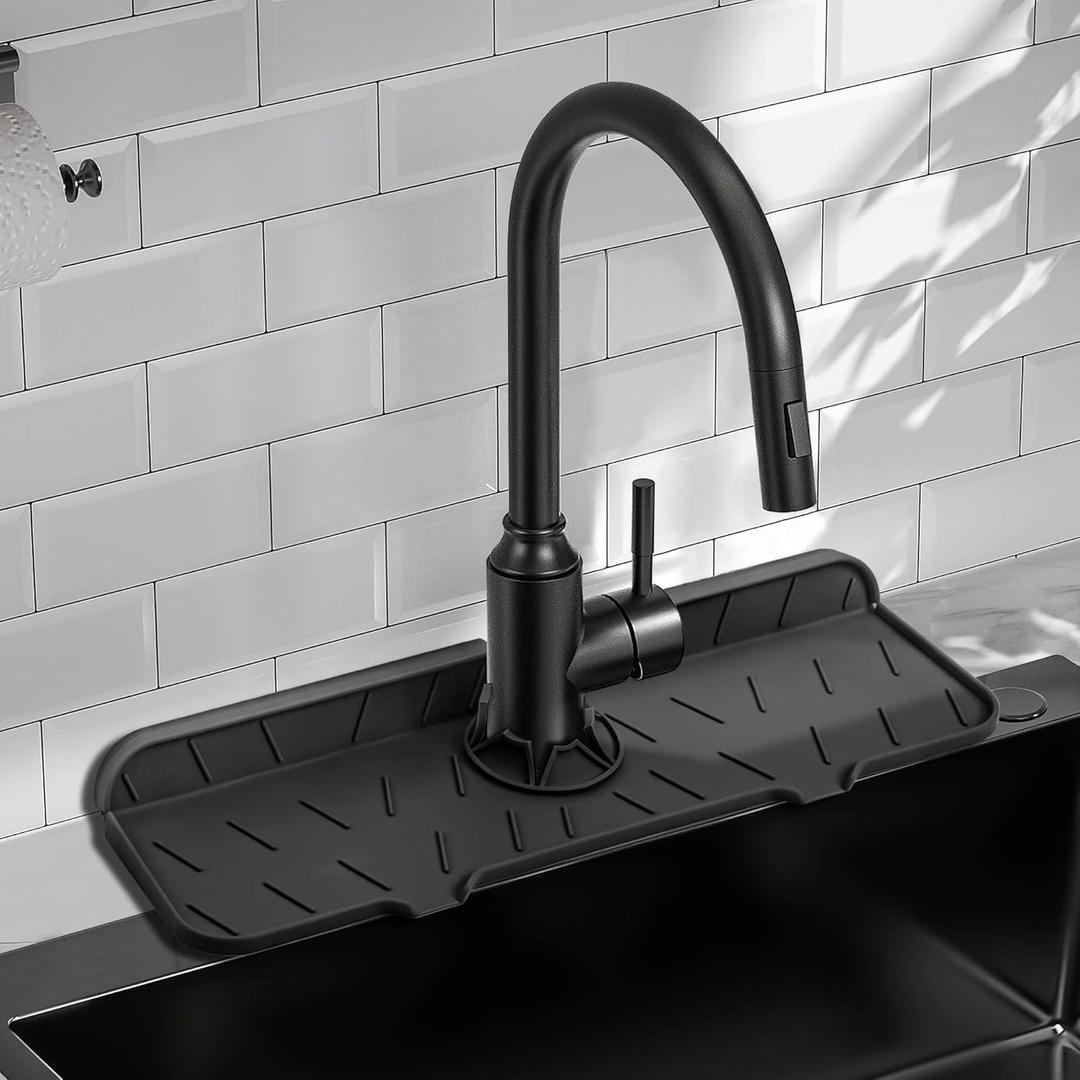Meiliweser Silicone Faucet Splash Guard Gen 2 - Outlet & Slope Upgraded Faucet Water Catcher Mat - 15” x 5.5” - Sink Sponge Holder for Kitchen, Bathroom(Black)