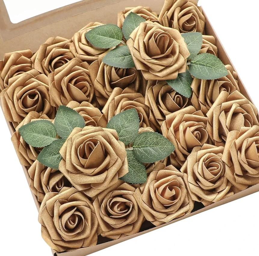 Floroom Artificial Flowers 25pcs Real Looking Antique Gold Foam Fake Roses with Stems for DIY Wedding Bouquets Bridal Shower Centerpieces Floral Arrangements Party Tables Home Decorations