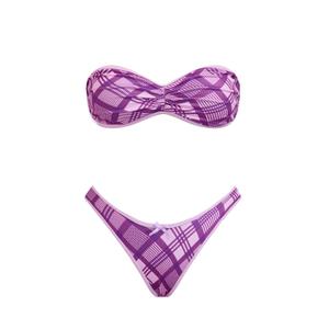 VOLAFA Women's Triangle Bikini Set Strapless Textured Bandeau Solid Cheeky Two Piece Swimsuit Bathing Suit (Small, Purple Plaid) (S)