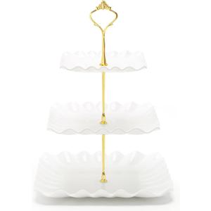 Coitak 3 Tier Cupcake Stand, Plastic Tiered Serving Stand, Square Dessert Tray for Tea Party, Baby Shower and Wedding (Pure White)