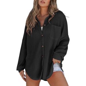 SHEWIN Womens Waffle Knit Shirts Casual Batwing Long Sleeve Shacket Lightweigt V Neck Button Up Tops with Pocket Spring Clothes for Women 2024, M Black