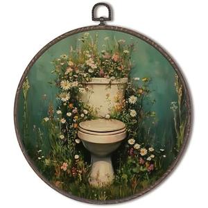 XNXLDYLH Vintage Floral Emerald Green Bathroom Round Framed Wall Art Decor, Dark Hunter Green Toilet Hanging Wall Decor for Bathroom, Plant Canvas Prints Wall Art Paintings, 10x10 Inch