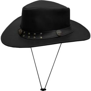 Brown Leather Cowboy Western Hat for Men and Woman Felt Studded Steampunk Hat Deadman Top Hat for Halloween (XX-Large, Black)