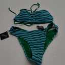 ZAFUL Women's Bikini Sets Flocking Textured High Cut Ruched Swimsuit Colorful Stripes Drawstring Bathing Suit (Medium, 0-blue Green)