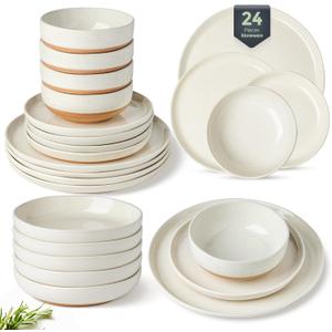 AmorArc Ceramic Dinnerware Sets with Pasta Bowls for 6, Handpainted Plates and Bowls Set with Rustic Terracotta Underside, Scratch Resistant Dishes Set, Dishwasher & Microwave Safe, 24 Pcs (Light Beige)