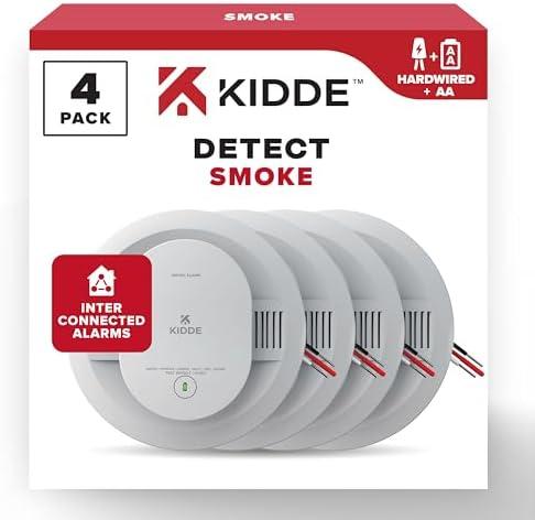 Kidde Hardwired Smoke Detector, AA Battery Backup, Interconnectable, LED Warning Light Indicators, 4 Pack