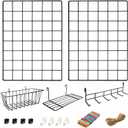 2 Pack Wire Wall Grid Panel With Accessories | Includes Hanging Basket, Shelf & Hook Rack | Photo Grid Wall Panels | Hanging Home, Office & Kitchen Dcor | Metal & Black