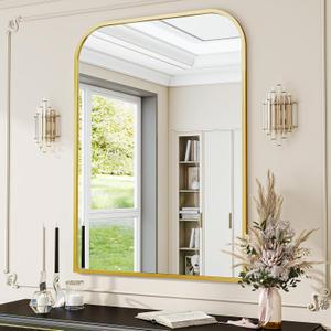 Gold Wall Mounted Bathroom Mirror - 36 x 24 Inch Round Cruved Top Right Angle Bottom Wall Mirror, Aluminum Metal Framed, Decor for Living Room, Bedroom, Fireplace, Mantle, Entryway