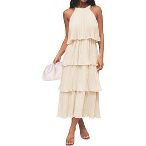 ZESICA Women's 2025 Summer Sleeveless Halter Neck Ruffle Tiered Layed Chiffon Flowy Swing Long Midi Dress (Apricot)