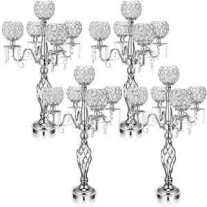 Nitial 4 Pcs 5 Arm Crystal Candelabras Centerpieces 27 Inch,Silver
