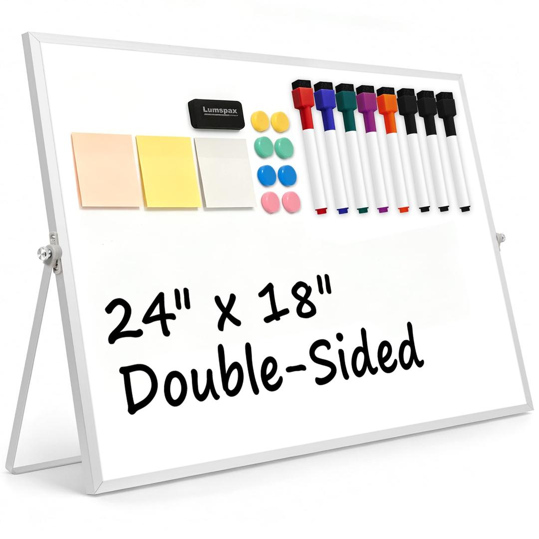 Lumspax White Board with Stand, 24" x 18" Double-Sided Desktop Dry Erase Board, Portable Magnetic Whiteboard Easel for Kids Office Home School