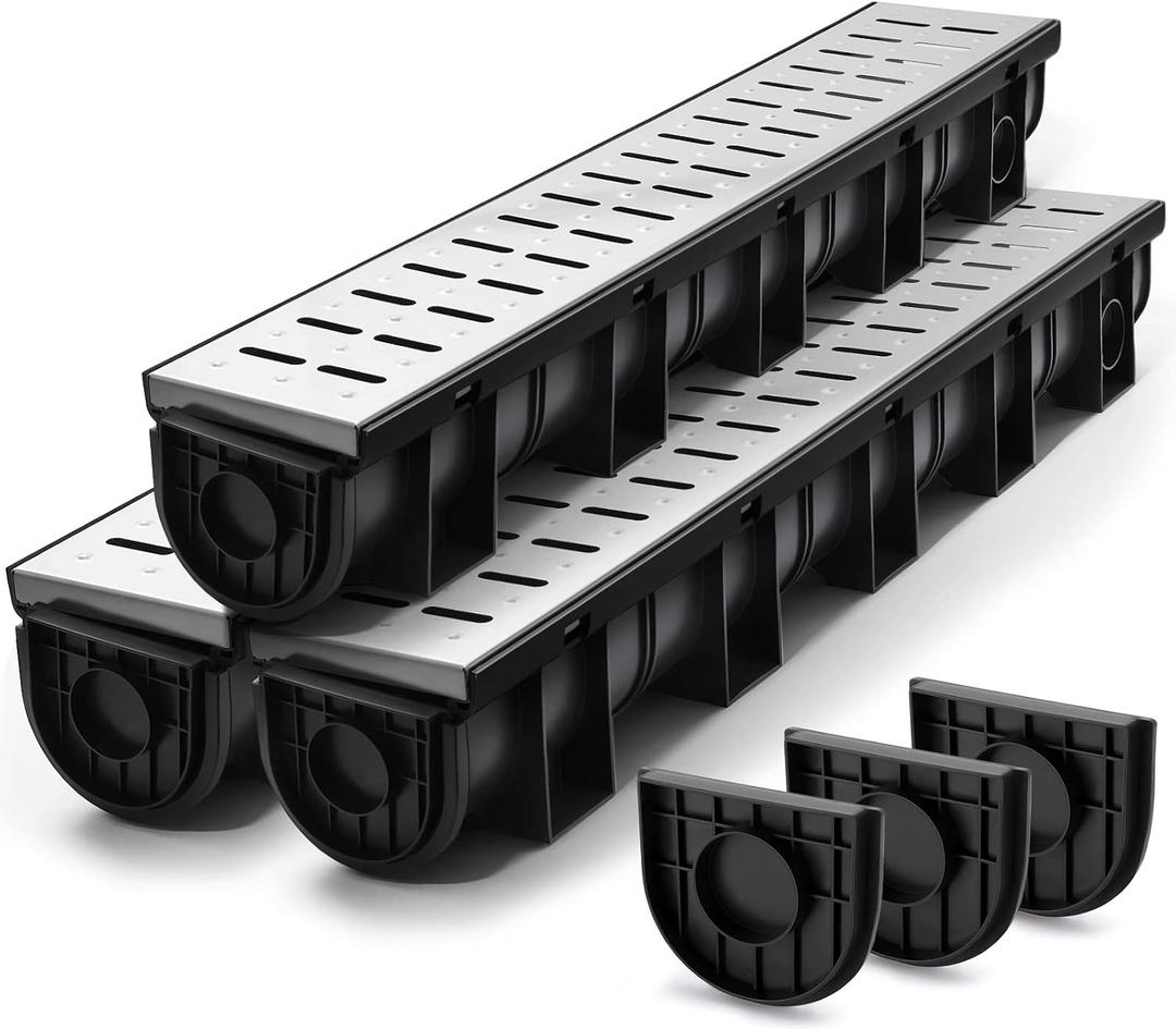 Amylove 3 Set Garage Trench Channel Drain 39.4 x 5.9 x 5.1 Inches, Garage Floor Drainage Trench Systems with 3 Stainless Steel Drainage Grates Cover and 3 Plastic End Caps for Pool Driveway, Black