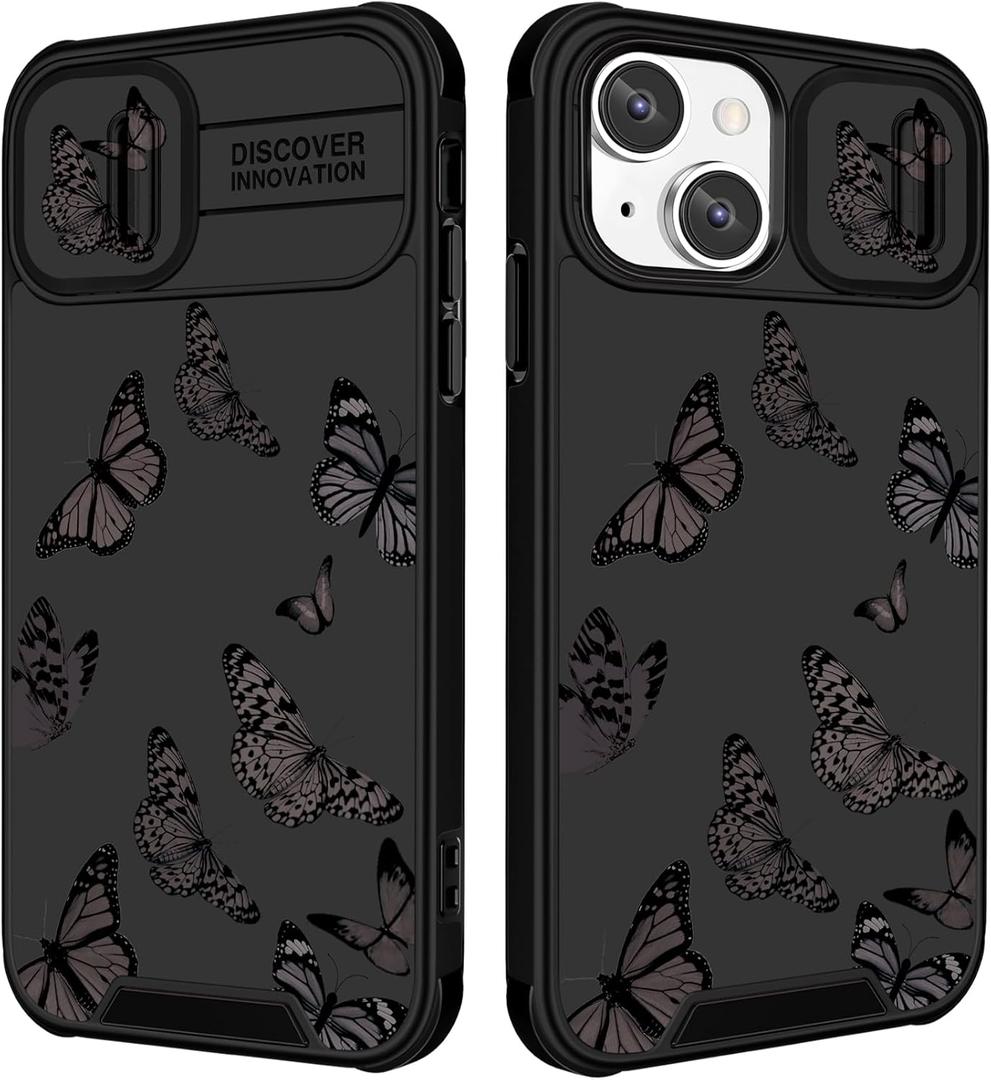 Funermei (2in1 for iPhone 15 Case Butterfly for Women Girls Cute Phone Cover Girly Pretty Kawaii Teens Black Aesthetic Design with Camera Cover Funda for Apple for iPhone 15 Cases