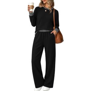 WIHOLL Two Piece Lounge Sets for Women Fall Travel Airport Vacation Outfits (Black, S)