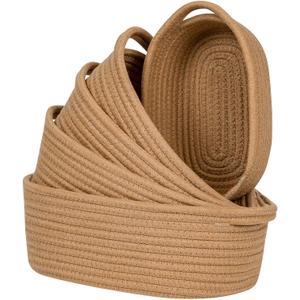 CubesLand Small Cotton Rope Storage Basket Set 5, Shelves Baskets for Organizing with Handle, Decorative Closet Storage Bins for Countertop Toilet Paper Basket for Toilet Tank Top, Brown Basket