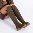 Ruiee Women's Knee High Boots Fashion Flat Long Tall Lengthened Boot Shafts Low Heeled Winter Fall Casual Boots for Women. 240979 Brown PU, Size 6 1/2