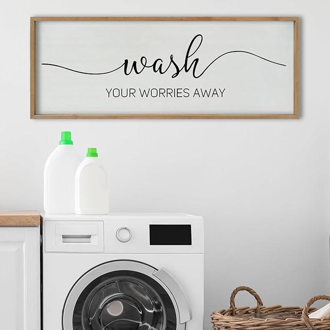 SRSZHIYUE Laundry Room Wall Decor Wash Your Worries Away Bathroom Humorous Sign 40"x15" Toilet Large Modern Farmhouse Simple Plaque Funny Restroom Wood Framed Art Hanging (Wood)