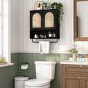 RUSTOWN Rattan Bathroom Wall Cabinet, Boho Medicine Cabinet with 2 Arched Doors, Farmhouse Over The Toilet Storage Cabinets with Adjustable Shelves & Towel Bar, 23.6"w X 7.9"d X 26.8"h