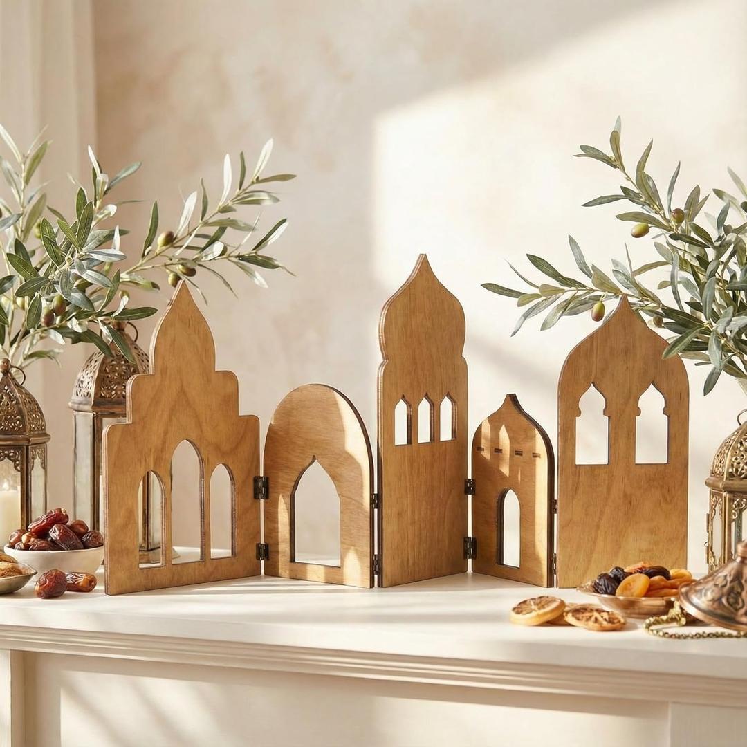 Vicenpal Ramadan Decorations for Home Wooden Mosque Standing Display Eid Mubarak Table Decor Islamic Ramadan Tiered Tray Decoration for Muslim Islamic Farmhouse Party Gift